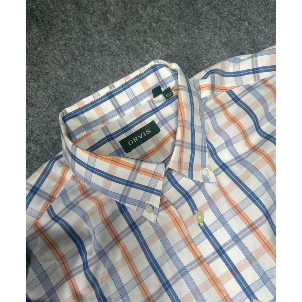 Orvis Mens XL Button Down Dress Shirt Plaid Orange Blue Wrinkle Free Pleated